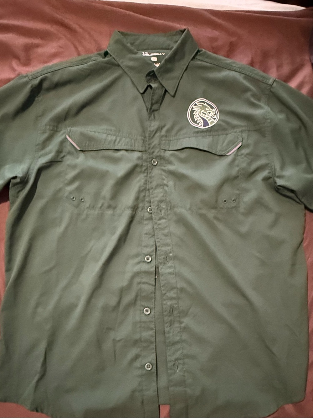 Men's Dark Green Button-Up Shirt with Embroidered Long Creek Dragons Logo